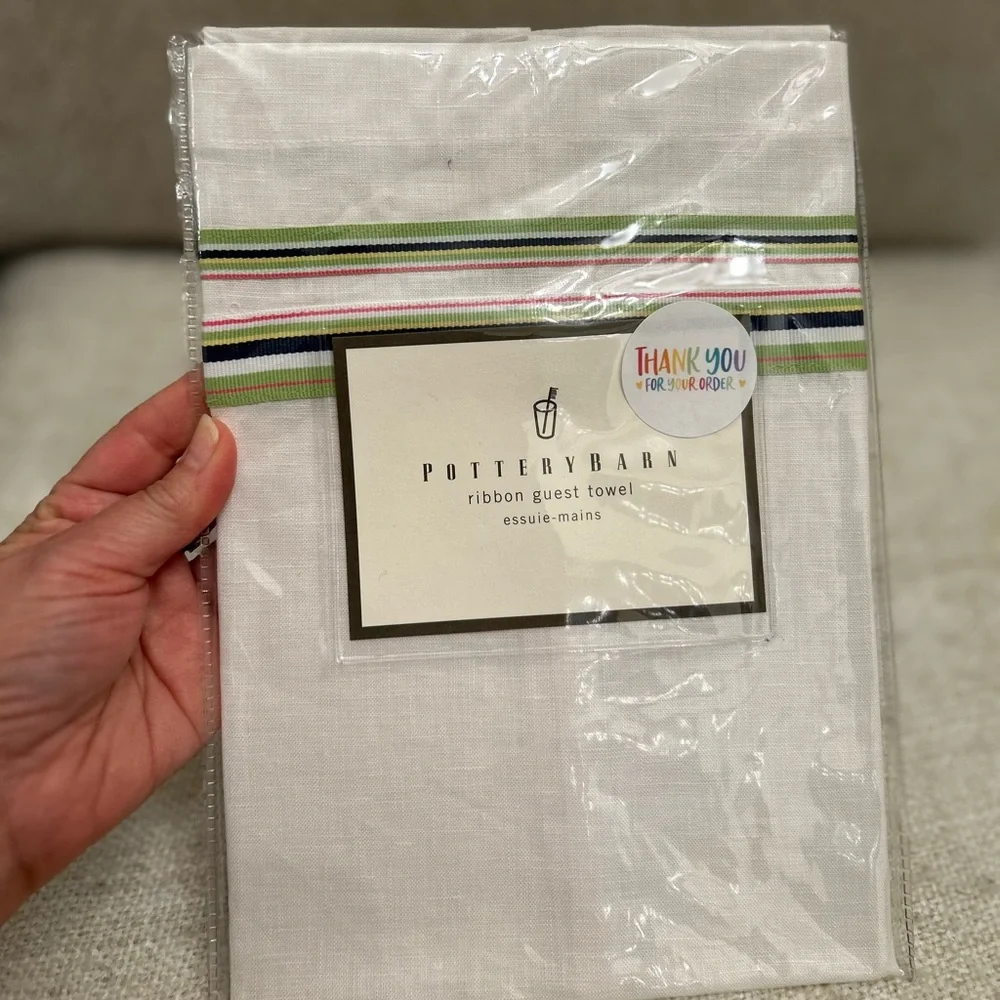 Pottery Barn White Linen Ribbon Guest Towel Set of Two NWT